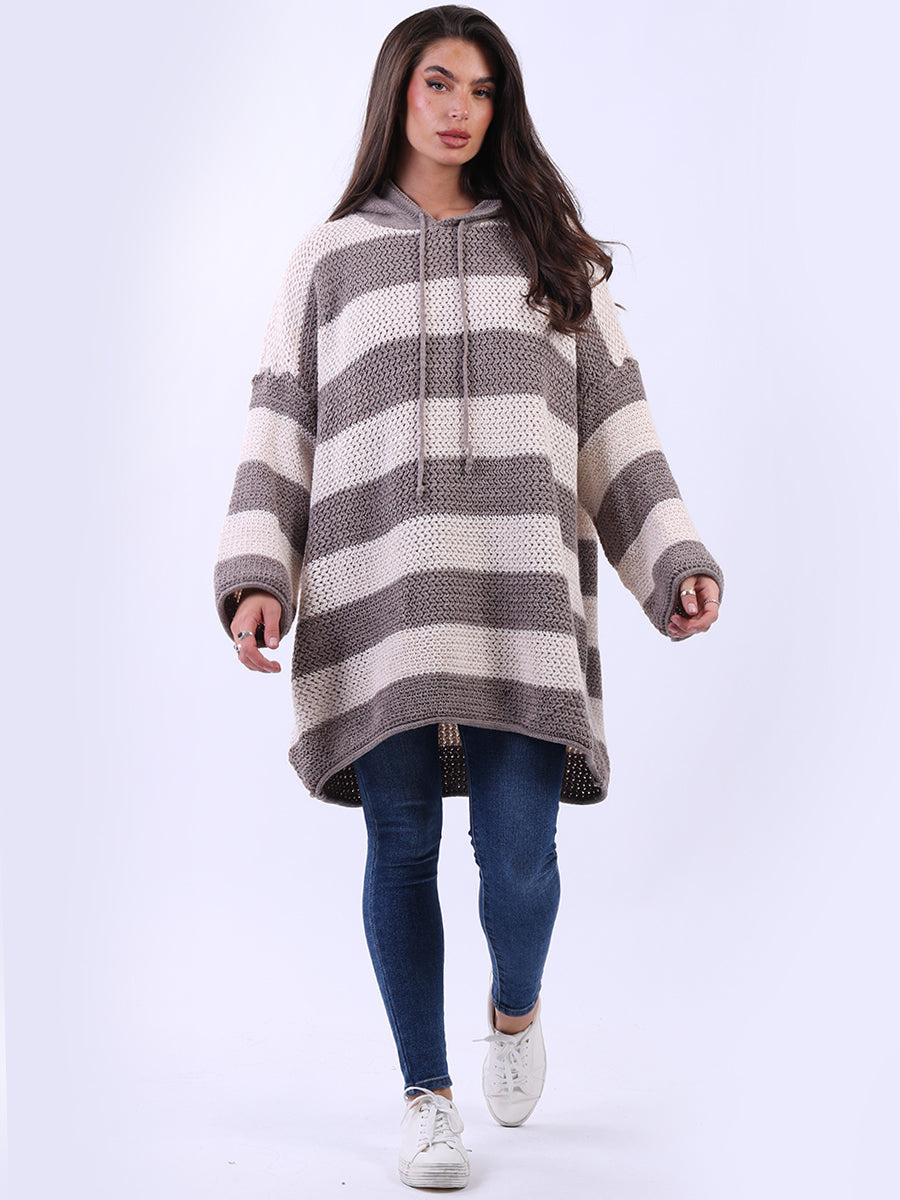 Stripy Plus Size Batwing Chunky Knit Hooded Jumper