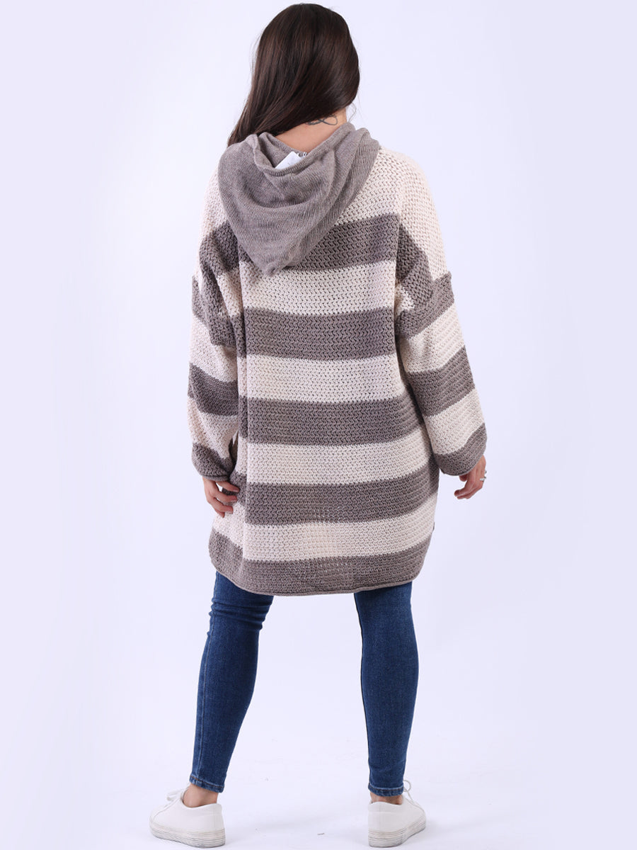 Stripy Plus Size Batwing Chunky Knit Hooded Jumper