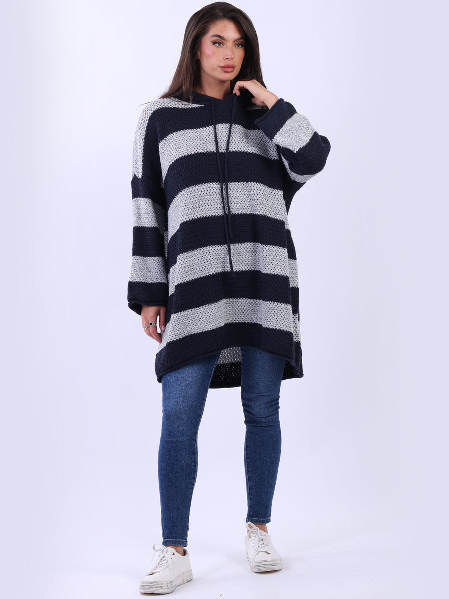 Stripy Plus Size Batwing Chunky Knit Hooded Jumper