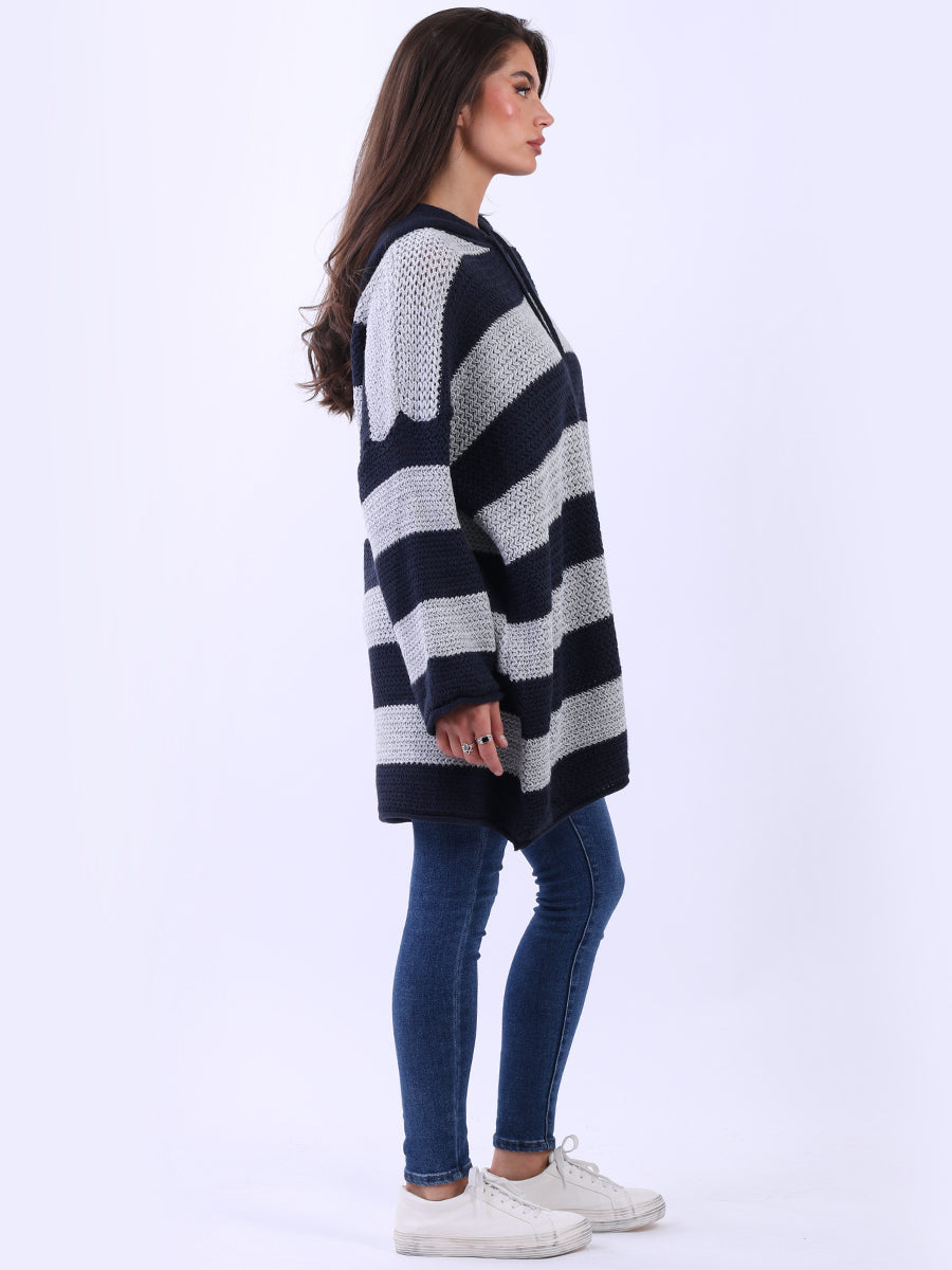 Stripy Plus Size Batwing Chunky Knit Hooded Jumper