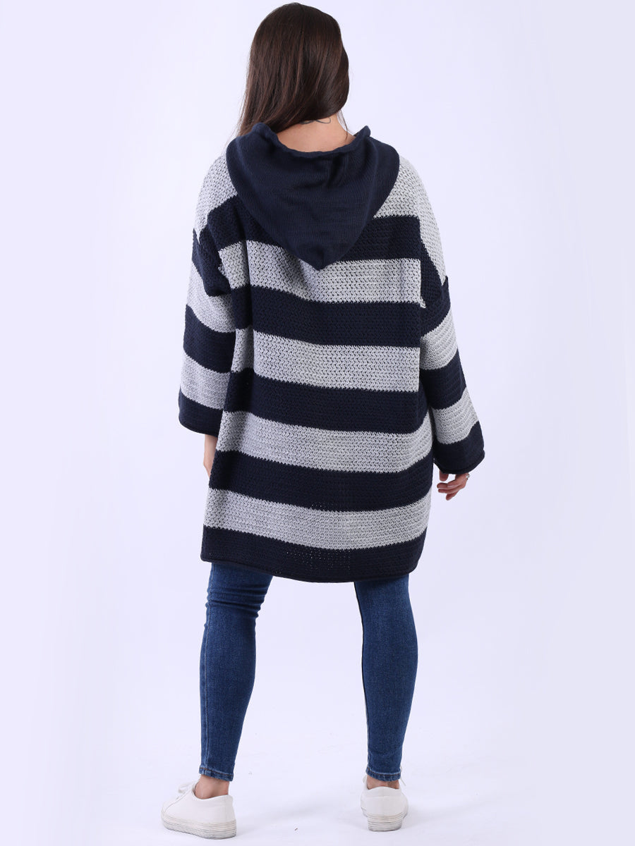 Stripy Plus Size Batwing Chunky Knit Hooded Jumper
