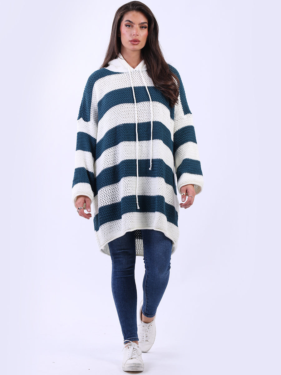 Stripy Plus Size Batwing Chunky Knit Hooded Jumper