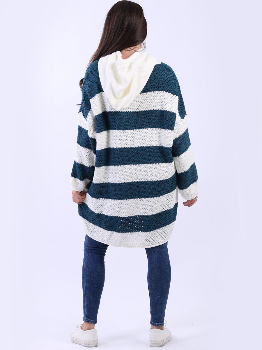 Stripy Plus Size Batwing Chunky Knit Hooded Jumper