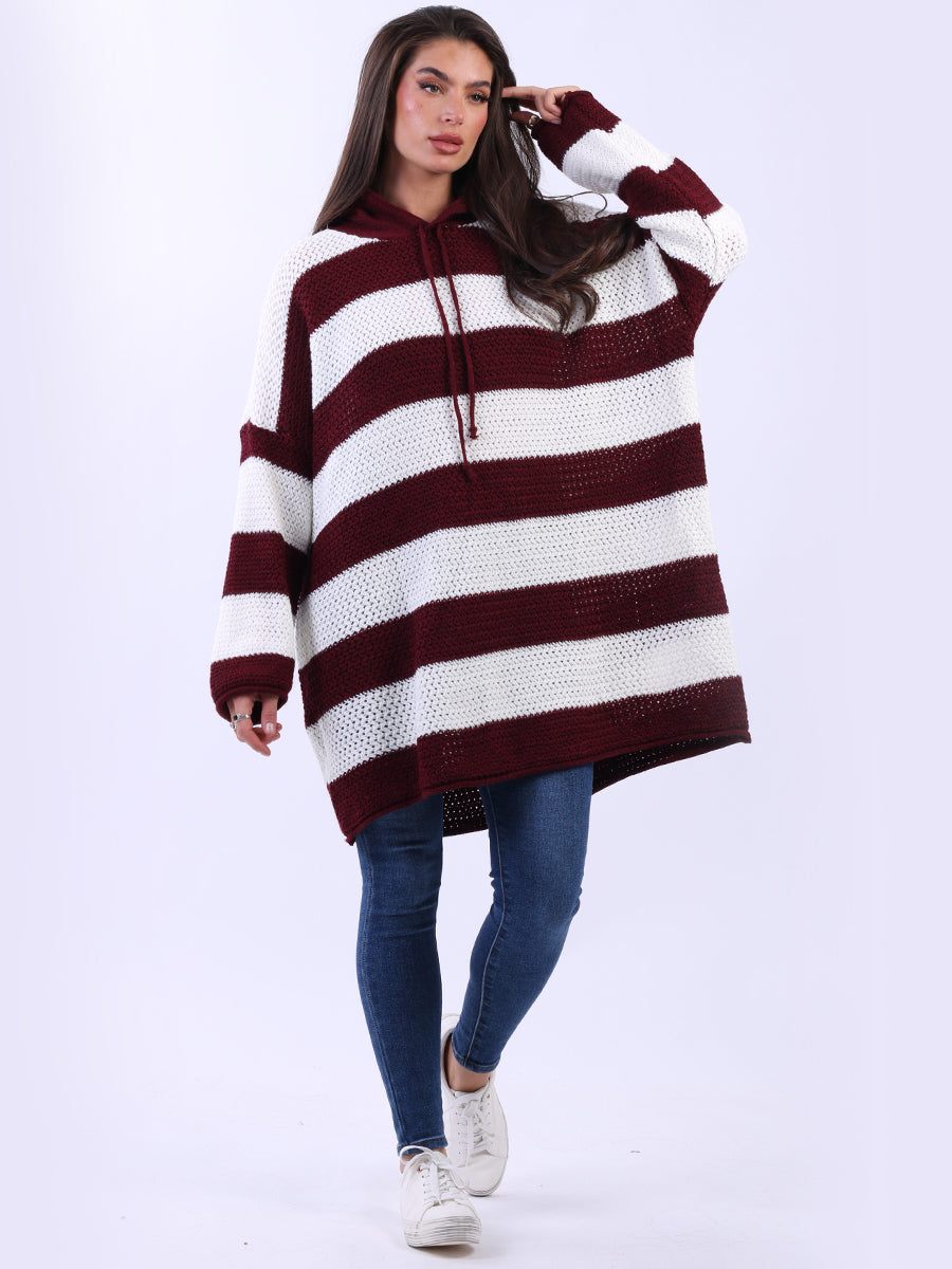 Stripy Plus Size Batwing Chunky Knit Hooded Jumper