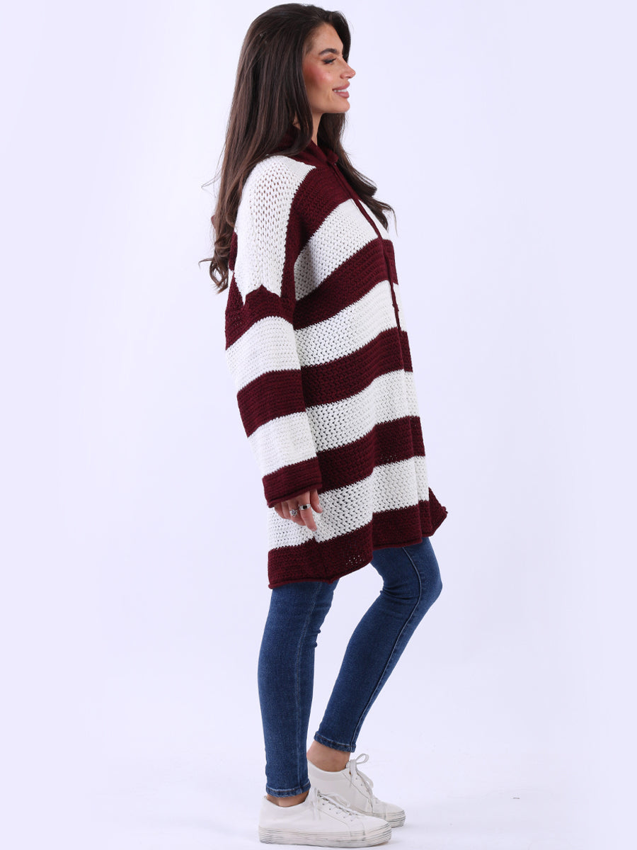 Stripy Plus Size Batwing Chunky Knit Hooded Jumper