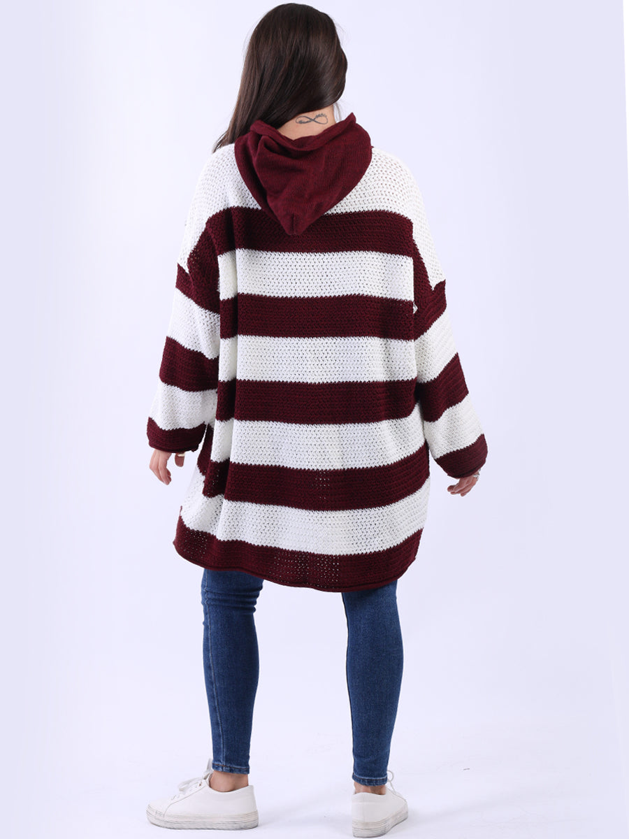 Stripy Plus Size Batwing Chunky Knit Hooded Jumper