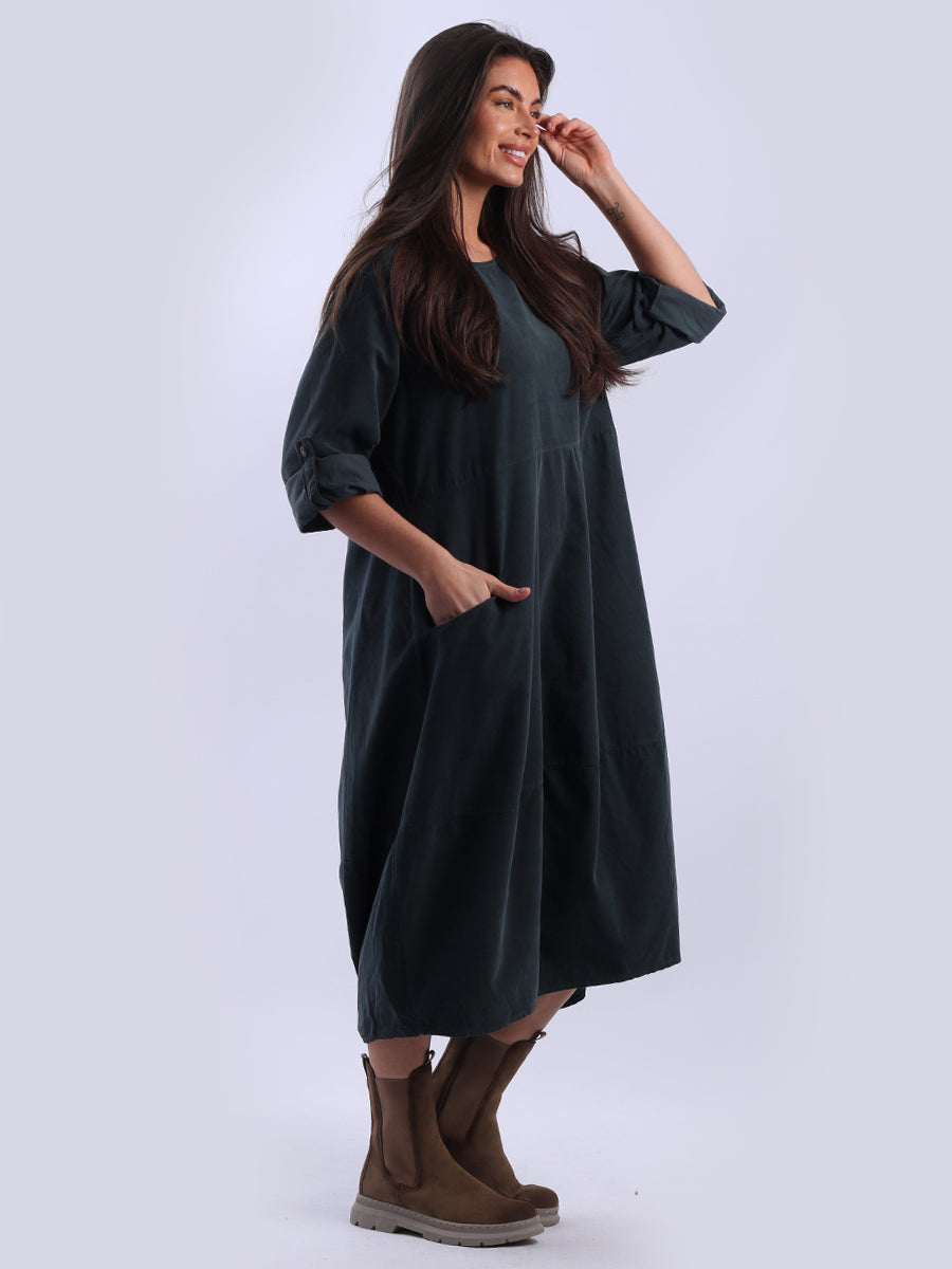 Plain Cotton Corduroy Plus Size Midi Dress