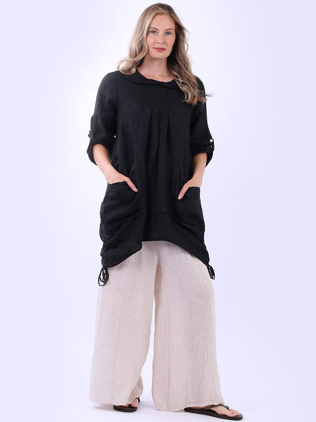 Button Up Sleeves Gathered Hem Linen Top