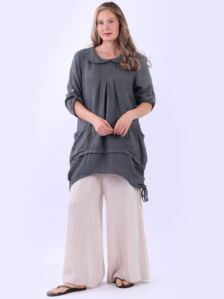 Button Up Sleeves Gathered Hem Linen Top