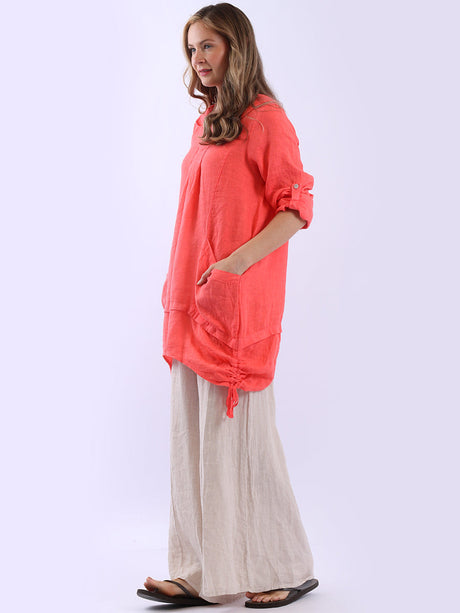 Button Up Sleeves Gathered Hem Linen Top