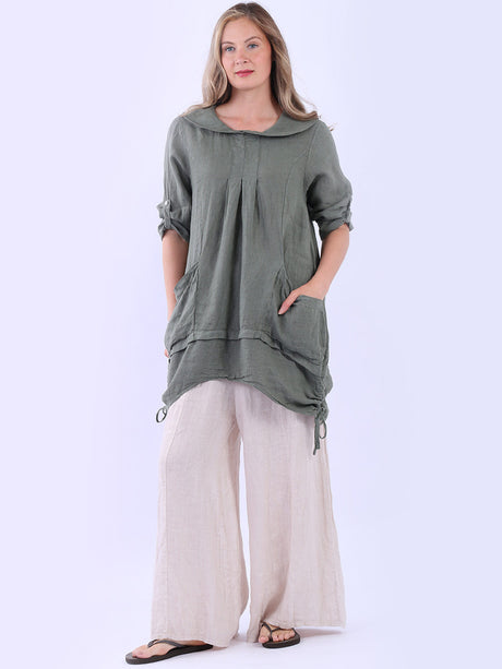 Button Up Sleeves Gathered Hem Linen Top