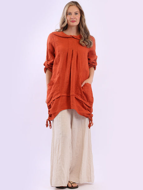 Button Up Sleeves Gathered Hem Linen Top