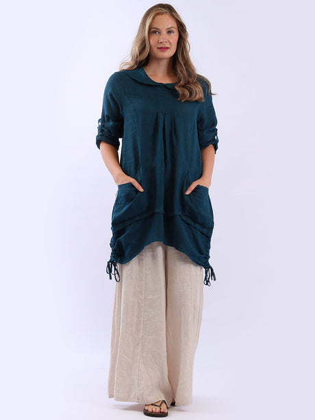 Button Up Sleeves Gathered Hem Linen Top