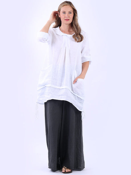 Button Up Sleeves Gathered Hem Linen Top