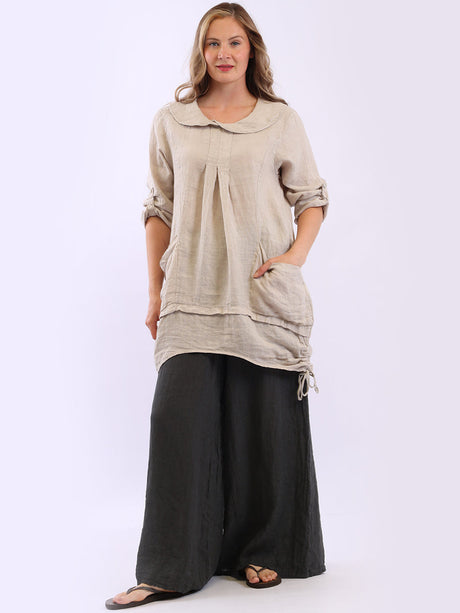 Button Up Sleeves Gathered Hem Linen Top
