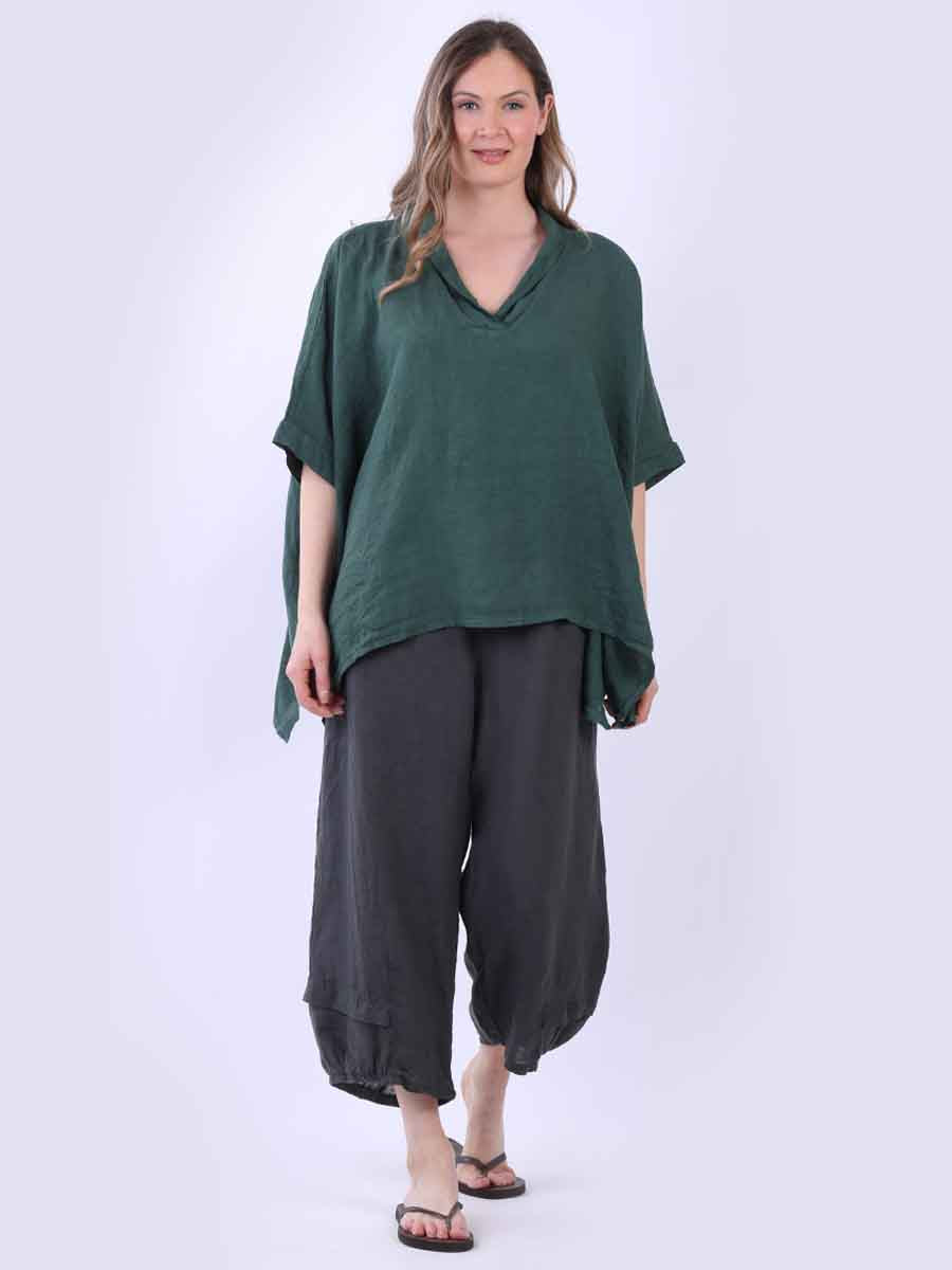 Linen Lagenlook Top Bottle Green