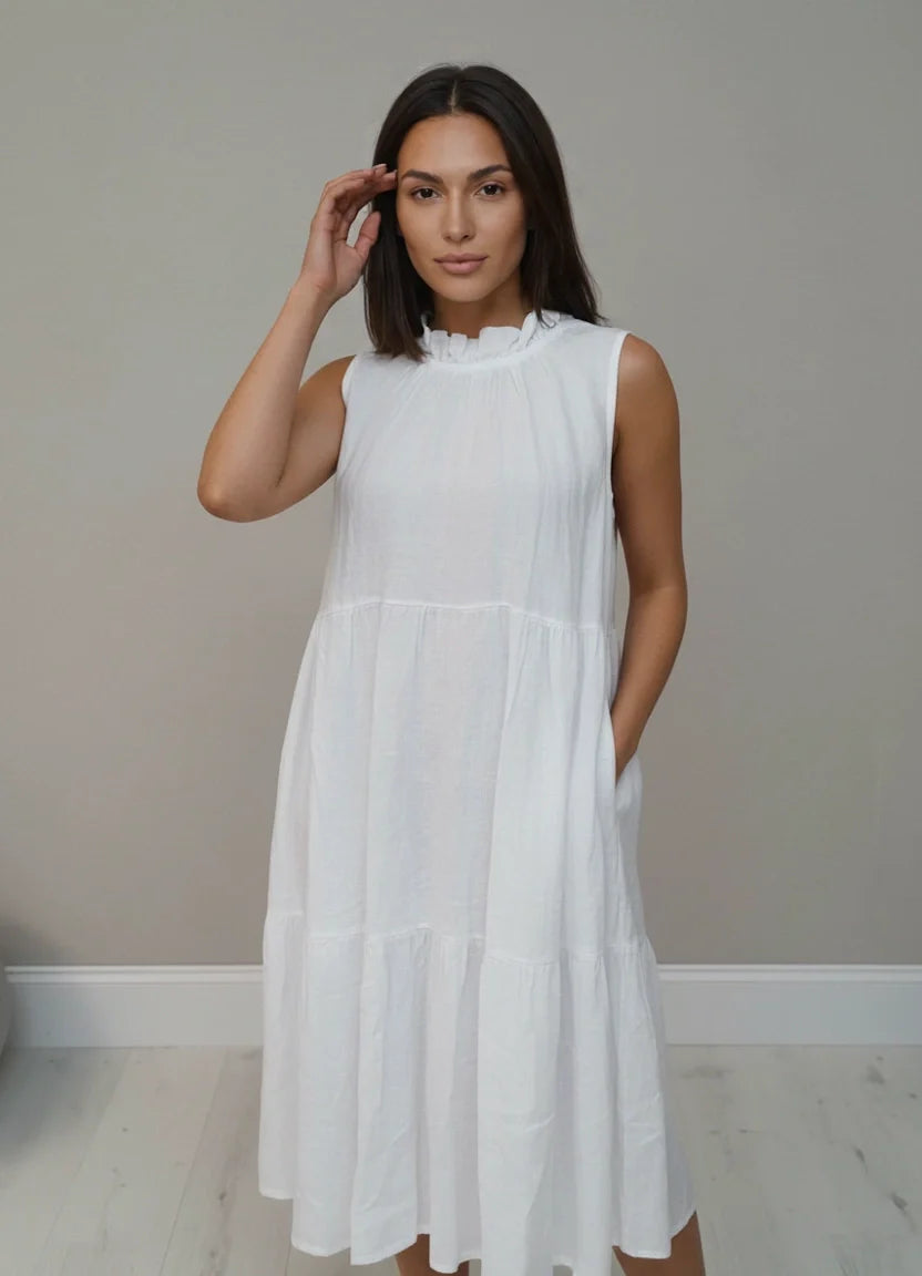 Ruched Neck Linen Tired Tank Dress