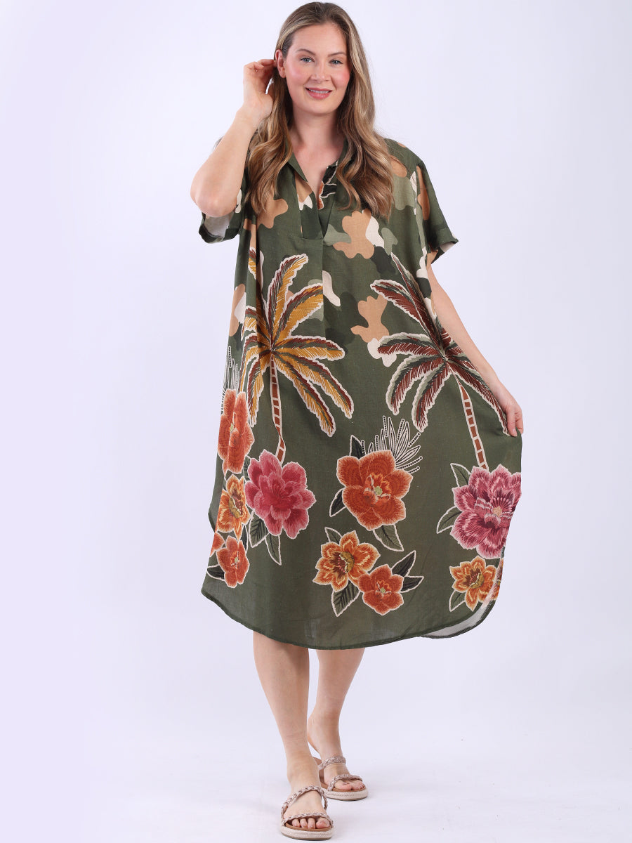 Oversized Floral Linen Dress Khaki