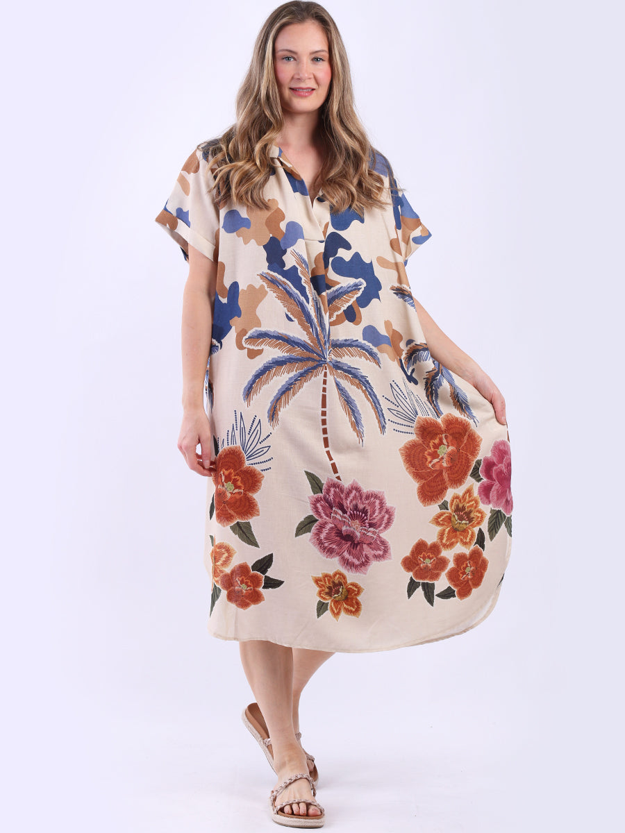 Oversized Floral Linen Dress Navy