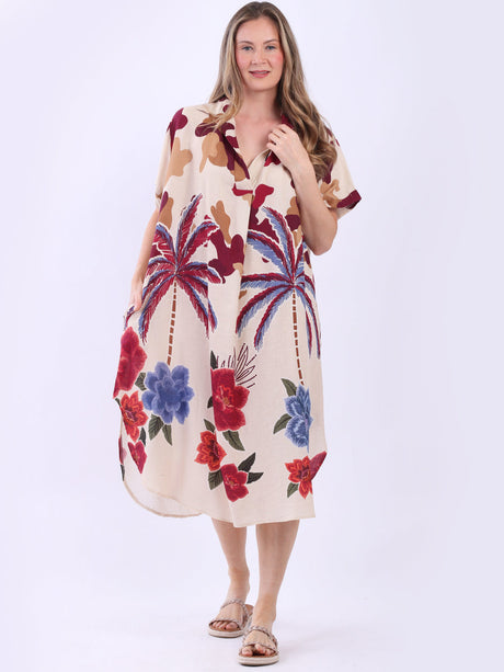 Oversized Floral Linen Dress Wine