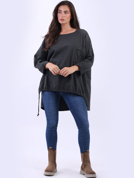 Oversized Batwing Embroidered Top Charcoal