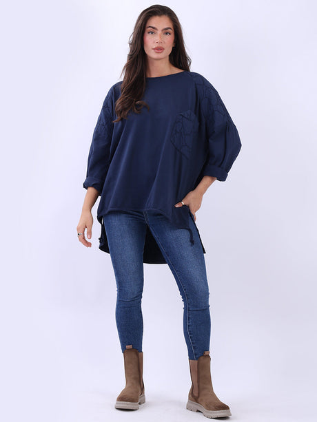 Oversized Batwing Embroidered Top Navy