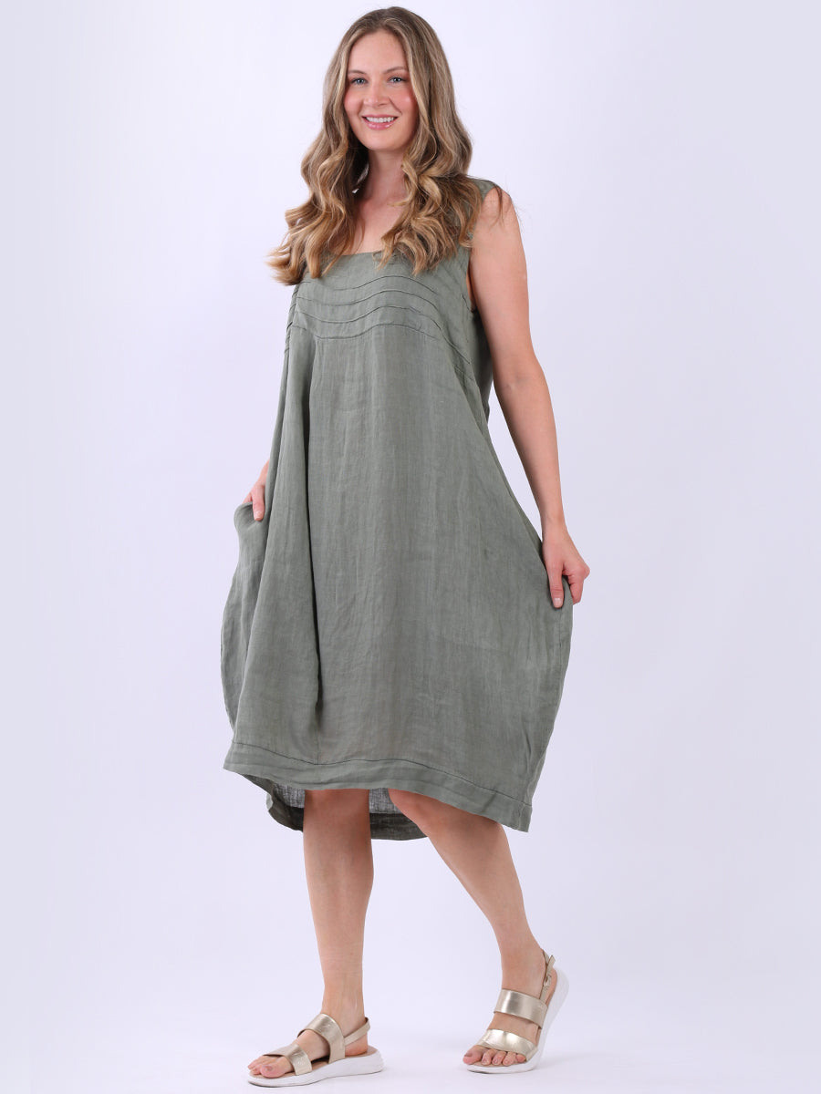 Plain Linen Lagenlook Dress Khaki