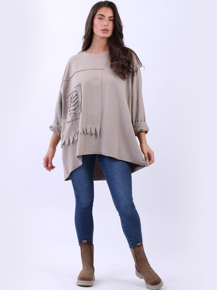 Sequin Ripped Cotton Shirt Beige