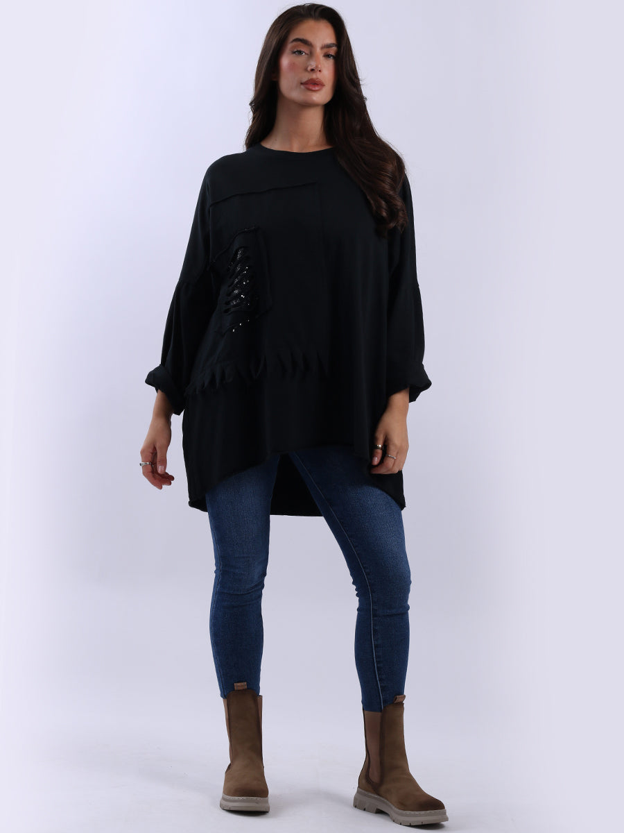 Sequin Ripped Cotton Shirt Black