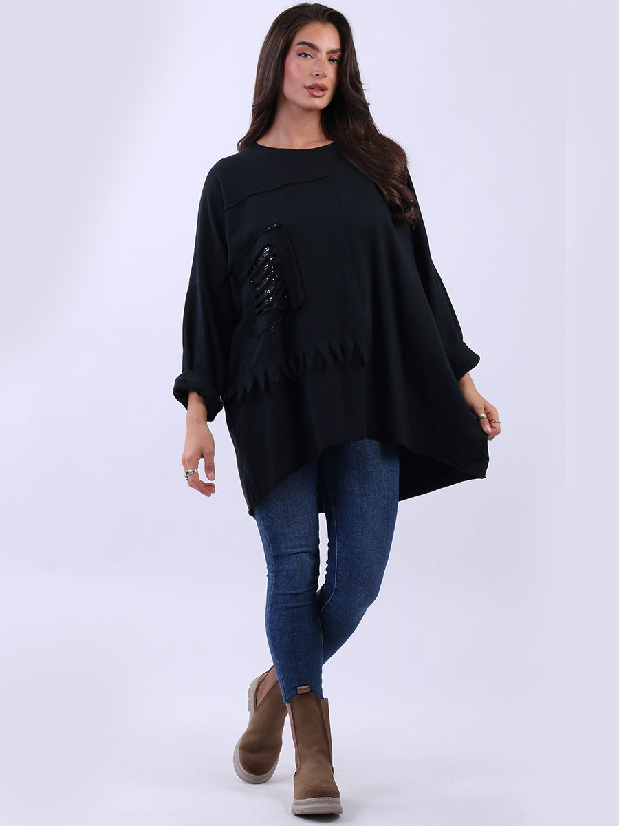 Sequin Ripped Batwing Cotton Oversized T-Shirt