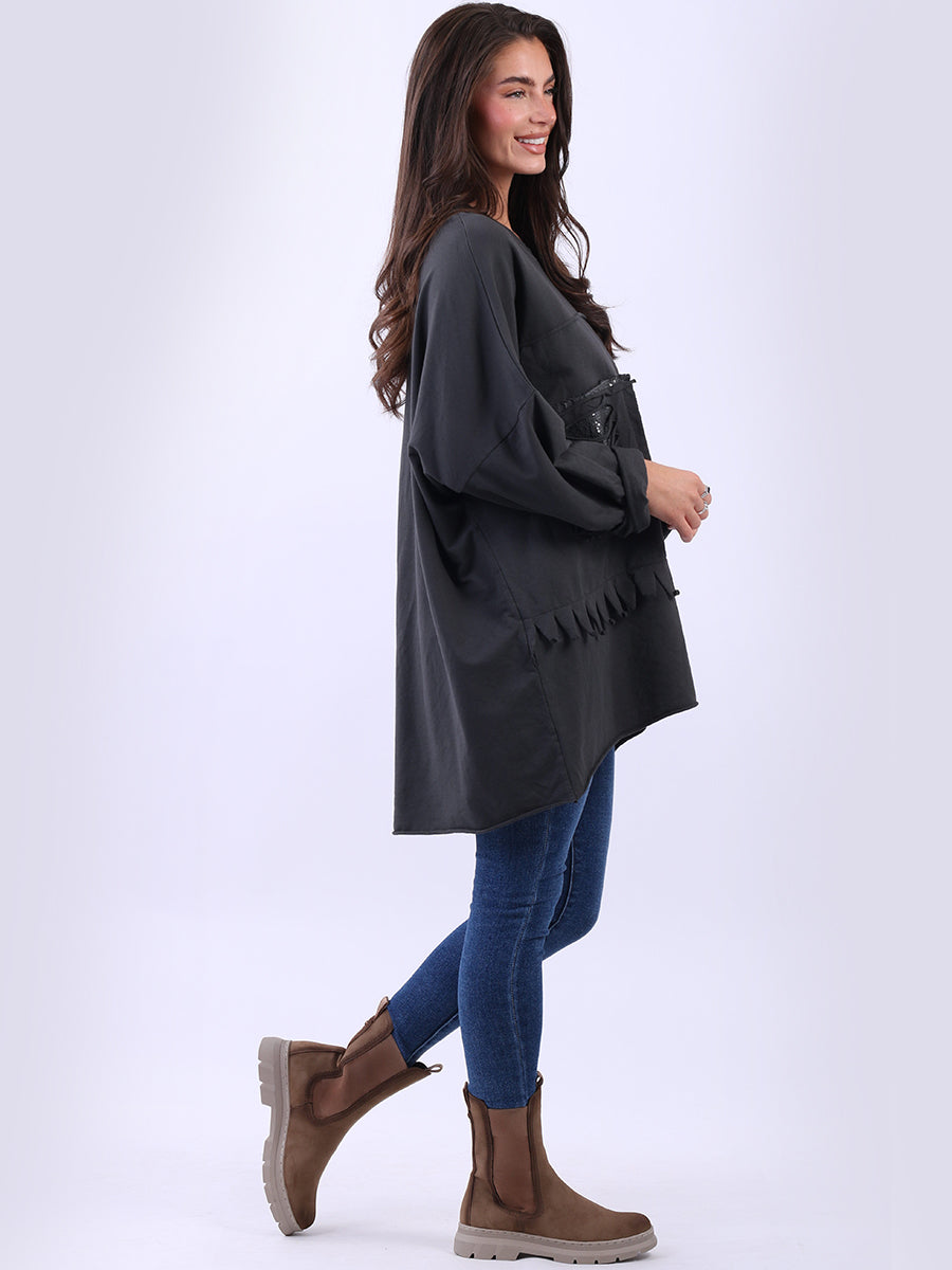 Sequin Ripped Batwing Cotton Oversized T-Shirt