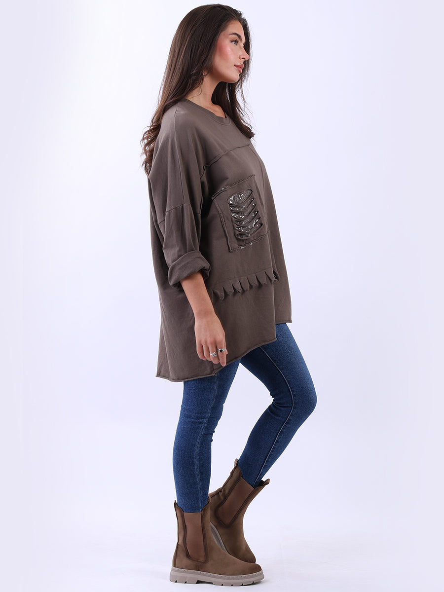 Sequin Ripped Batwing Cotton Oversized T-Shirt