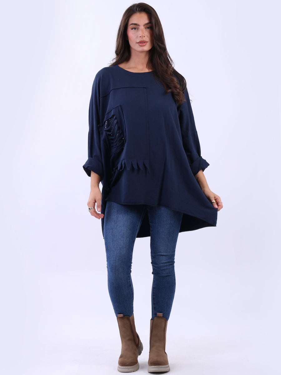 Sequin Ripped Cotton Shirt Navy