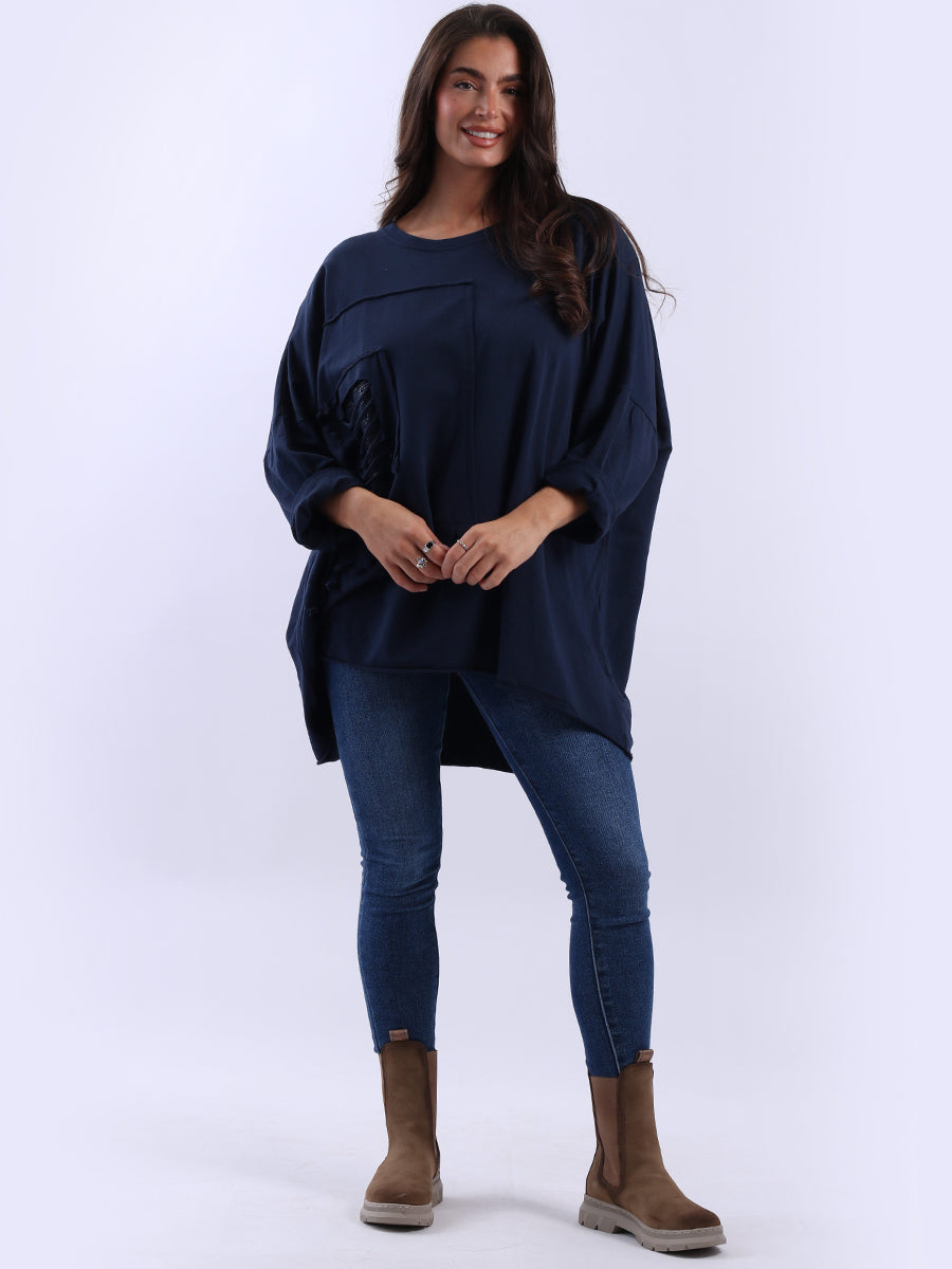 Sequin Ripped Batwing Cotton Oversized T-Shirt