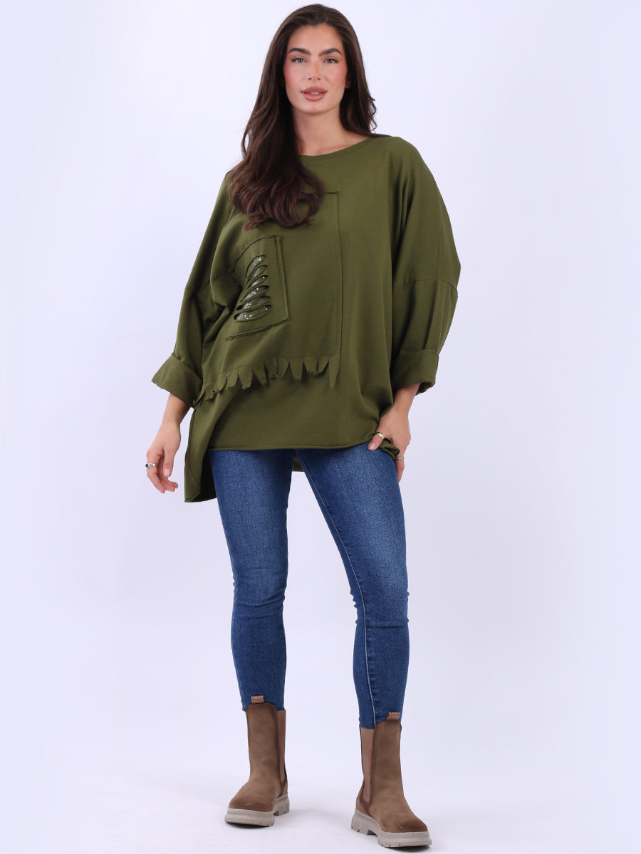 Sequin Ripped Cotton Shirt Olive
