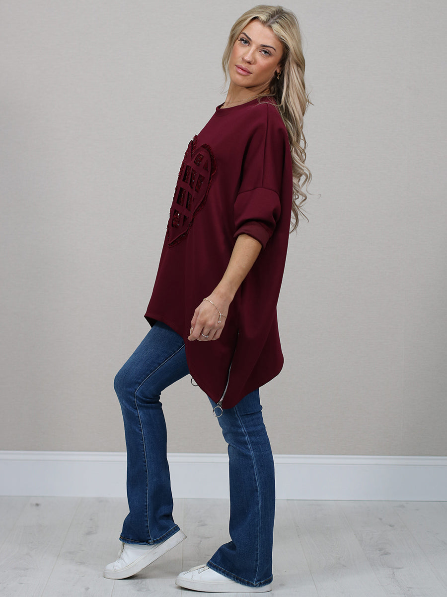 Sequin Ripped Heart Oversized Baggy T-Shirt