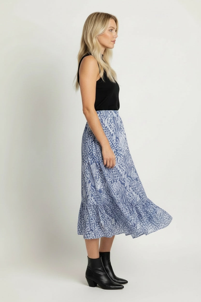 Geometric Print Plus Size Tiered Denim Skirt