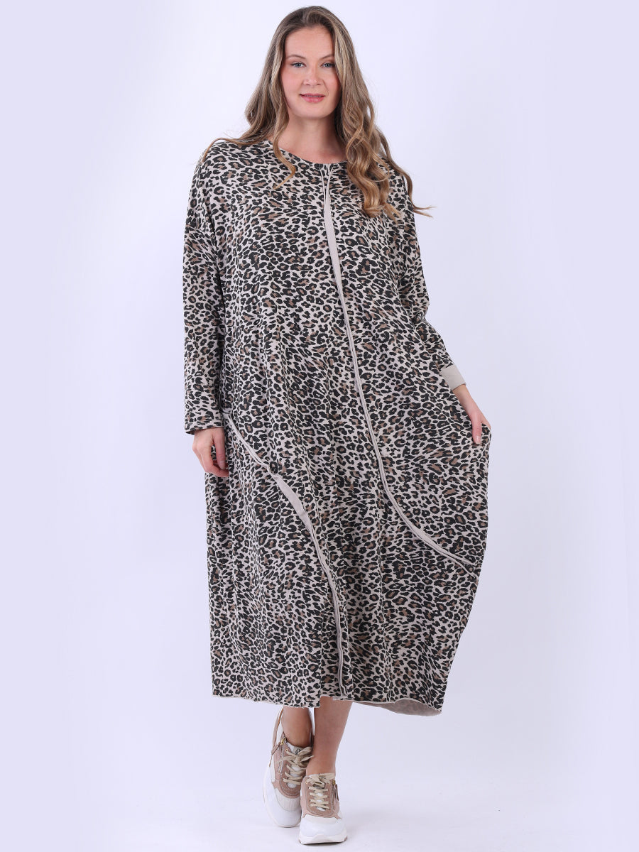 Oversized Leopard Print Ladies Dress Beige