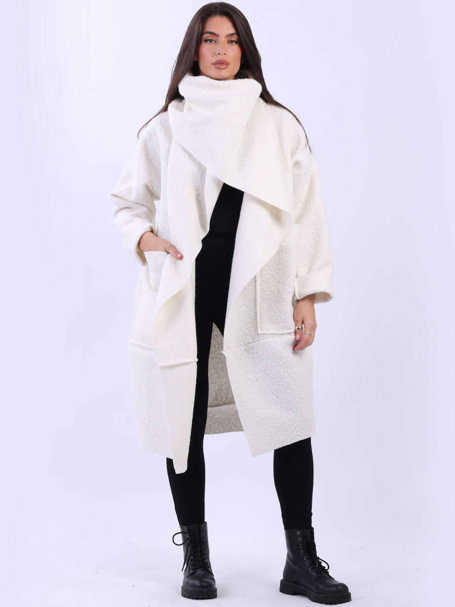 Cowl Neck Woolen Oversized Coat Off White