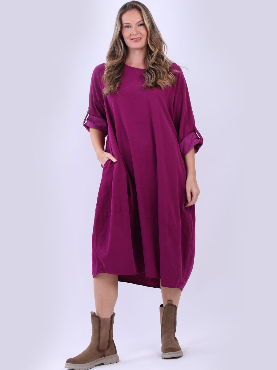 Cotton Corduroy Midi Dress Magenta