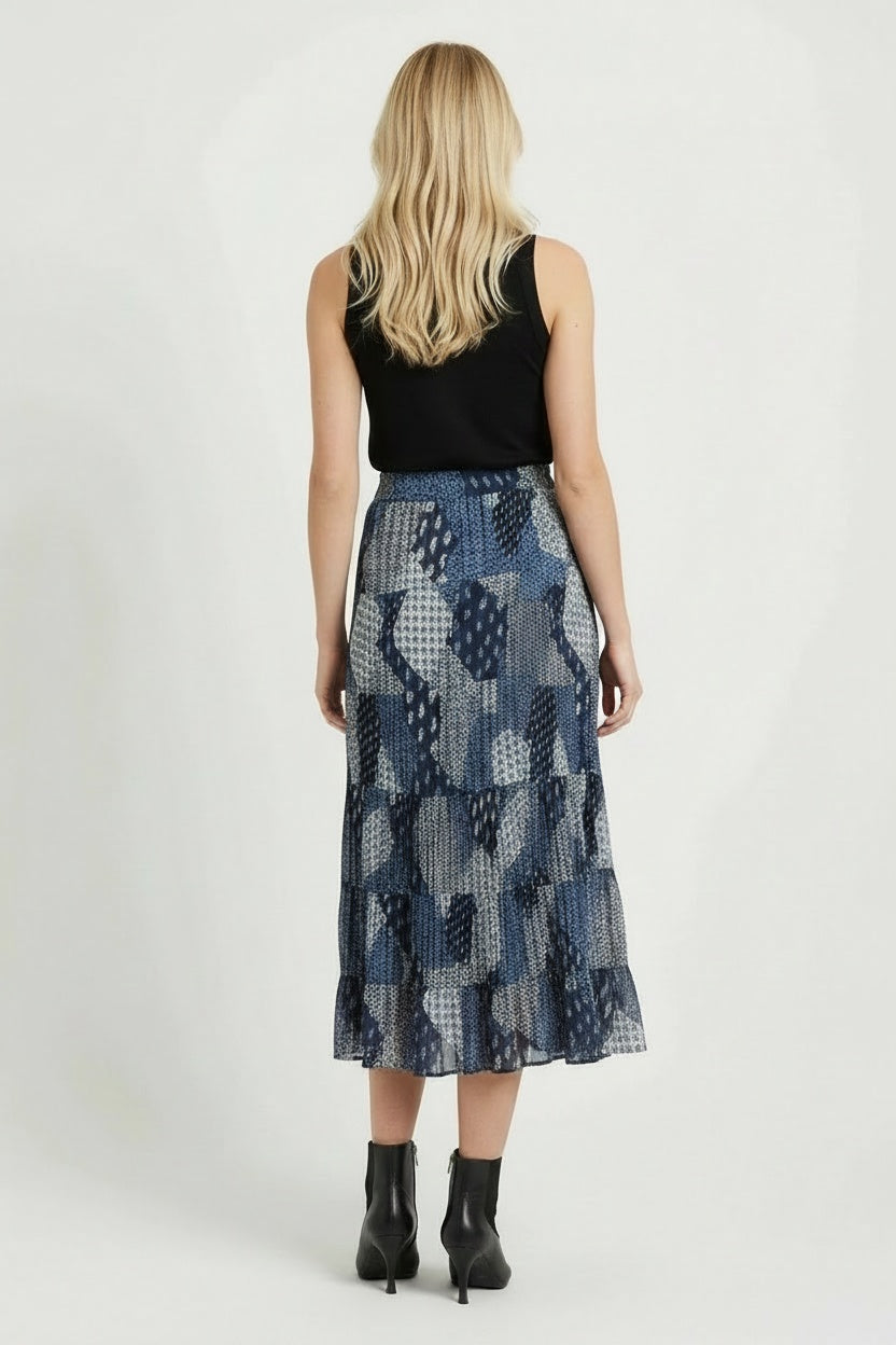 Leaf Print Cotton Tiered Midi Skirt