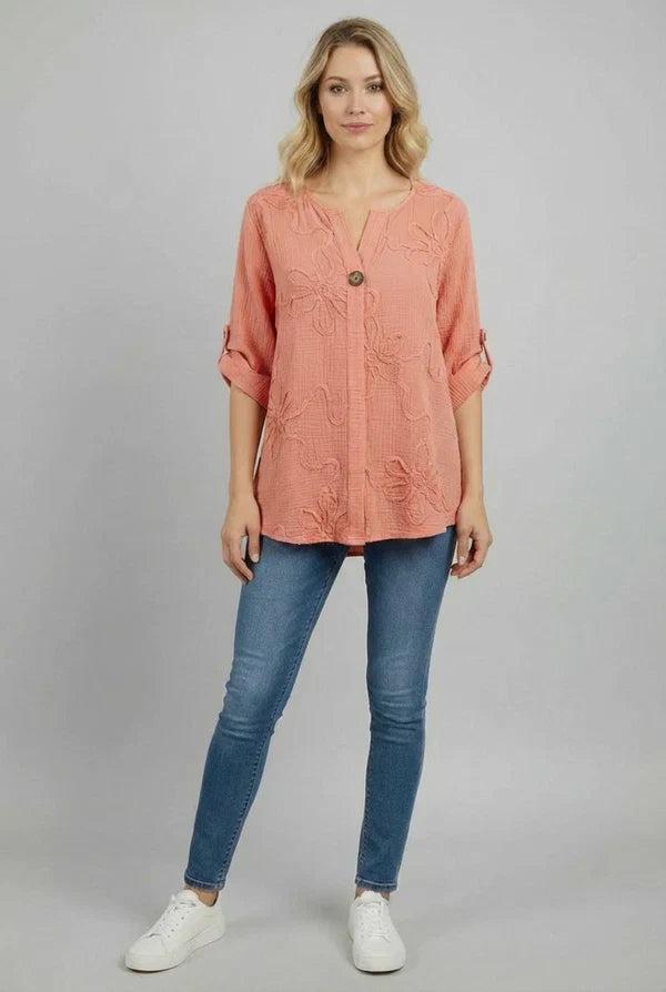 Tabbed Sleeves Floral Applique Cotton Top