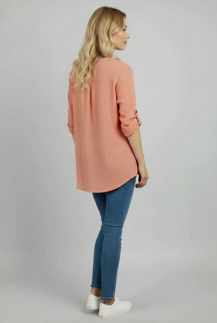 Tabbed Sleeves Floral Applique Cotton Top