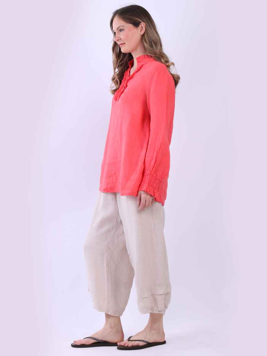 Women Plain Linen Frill Top