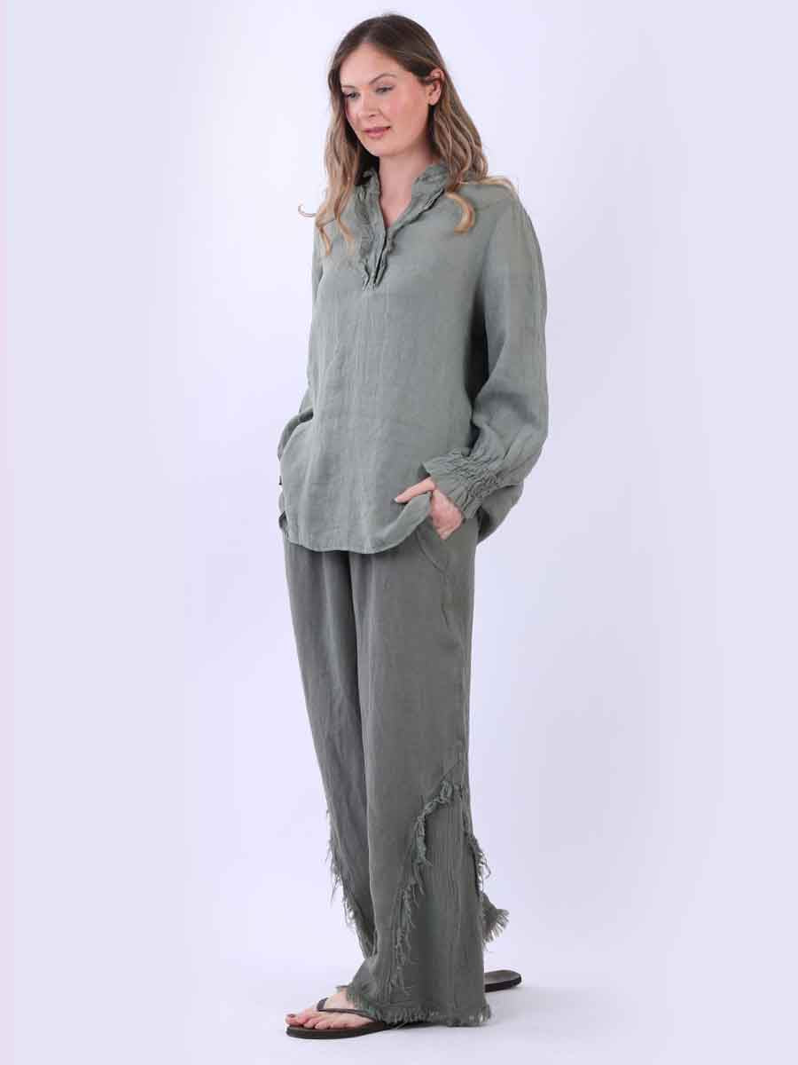 Women Plain Linen Frill Top