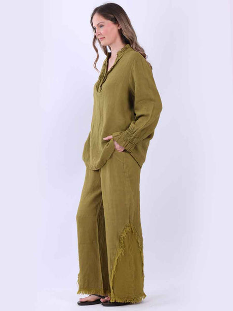 Women Plain Linen Frill Top