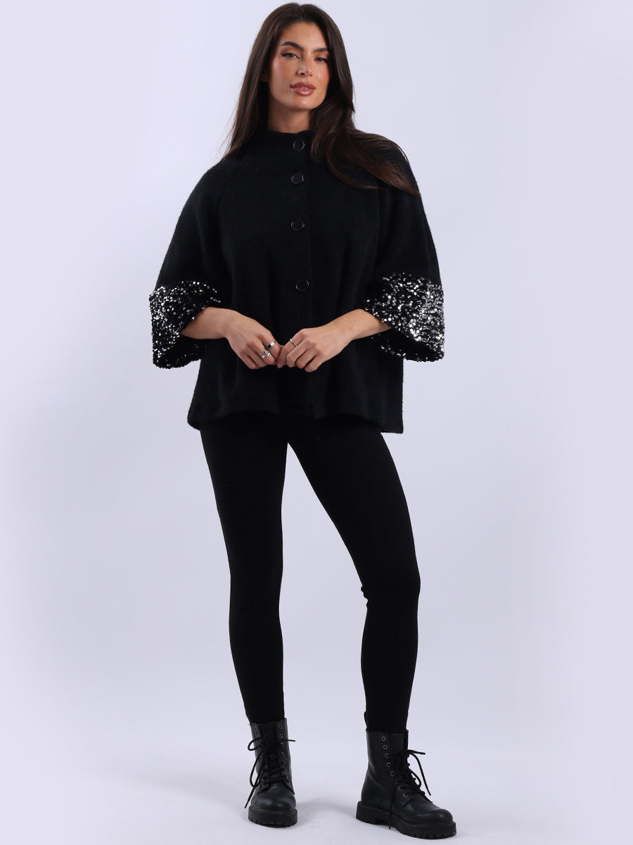 Sequin Button Down Jacket Black