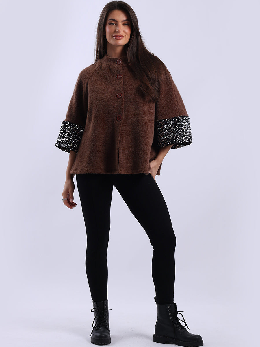 Sequin Button Down Jacket Chocolate