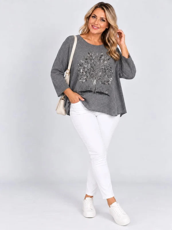Sequin Foil Tree Knit Jumper Dark Grey