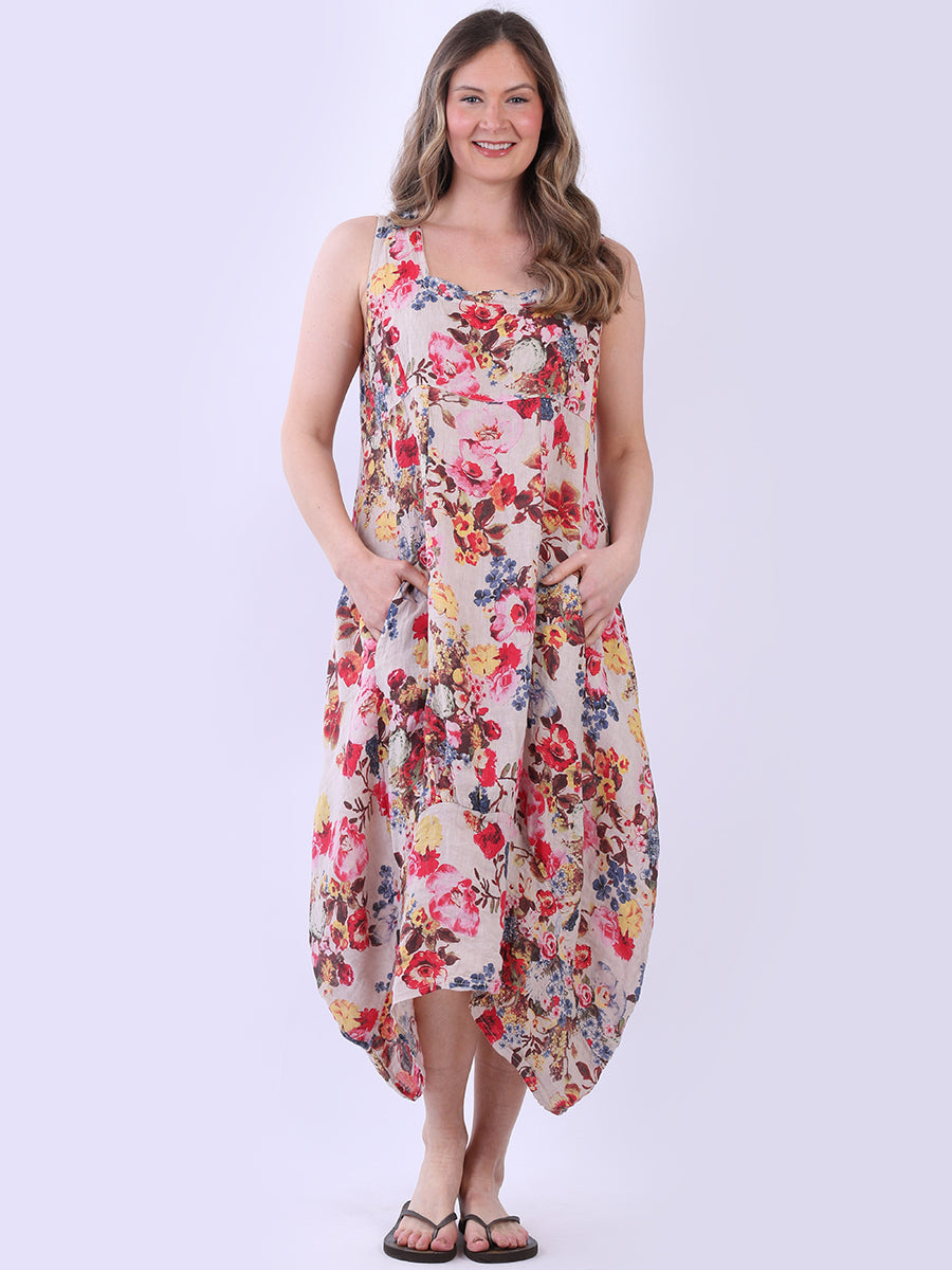 Floral Linen Dress Beige